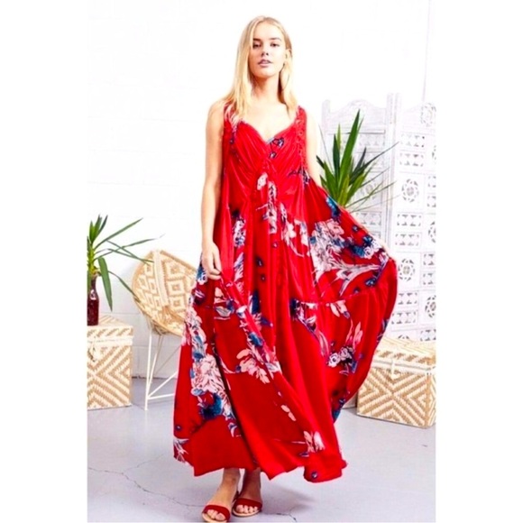 JAASE Red Floral Maxi Dress Bronte Lover’s Passion Print Boho Crochet, Medium - Picture 3 of 16